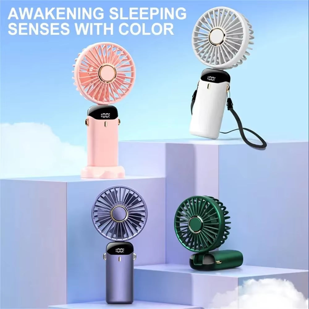 Mini Handheld Fan with Phone Holder Foldable Neck Hanging Fan 5 Speed USB Rechargeable Portable Fan with Display