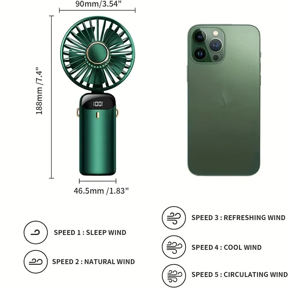 Mini Handheld Fan with Phone Holder Foldable Neck Hanging Fan 5 Speed USB Rechargeable Portable Fan with Display