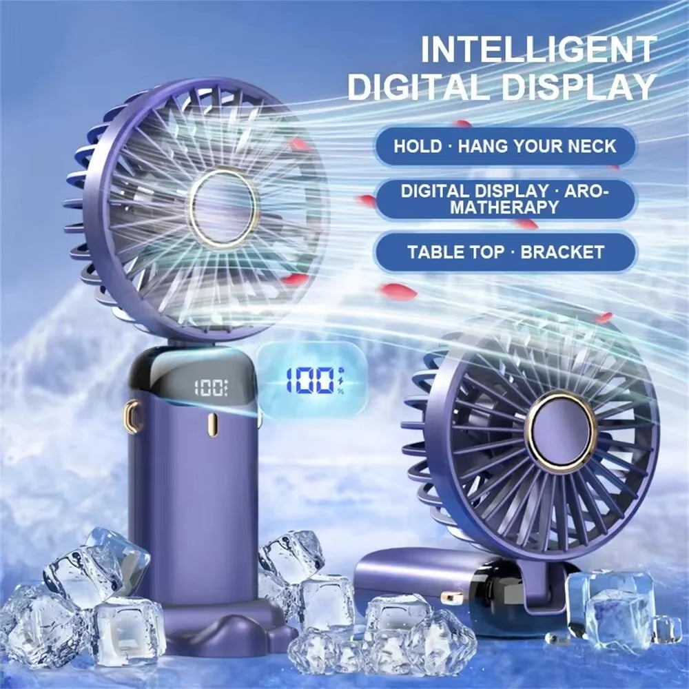 Mini Handheld Fan with Phone Holder Foldable Neck Hanging Fan 5 Speed USB Rechargeable Portable Fan with Display