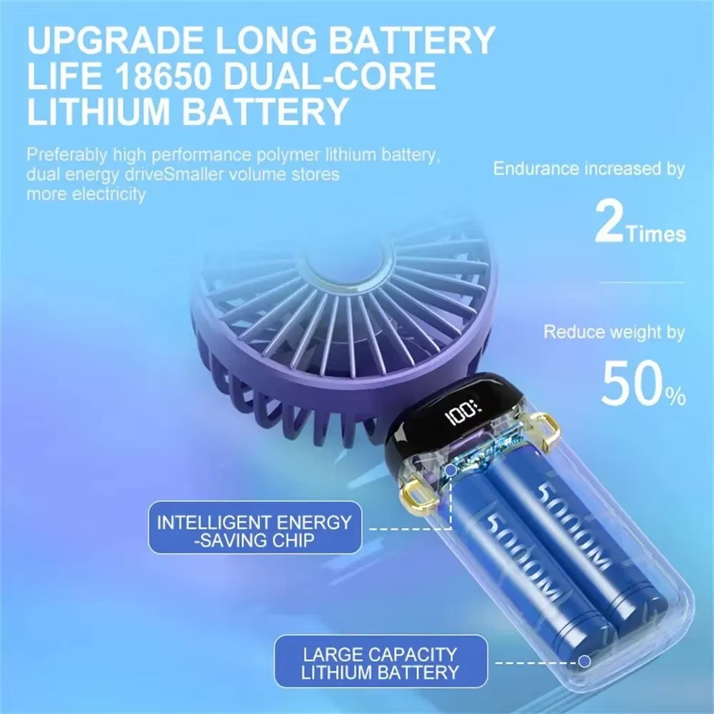 Mini Handheld Fan with Phone Holder Foldable Neck Hanging Fan 5 Speed USB Rechargeable Portable Fan with Display